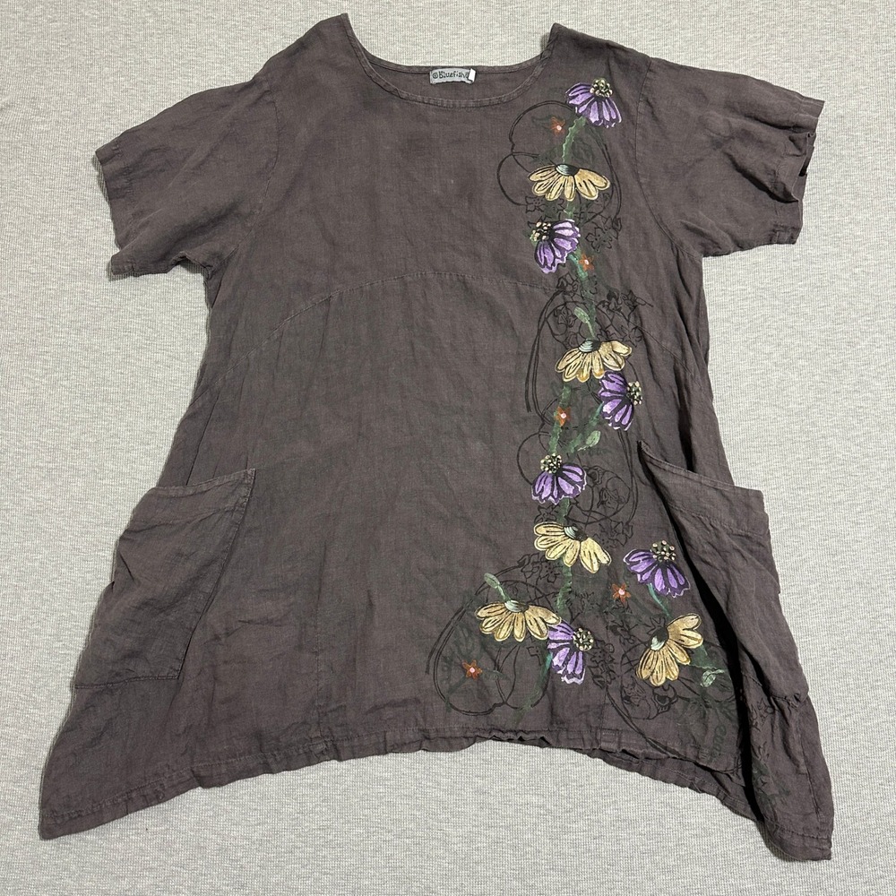 Bluefish Linen Floral Hand Painted Asymmetrical Tunic Top Dark Gray Womens 2
